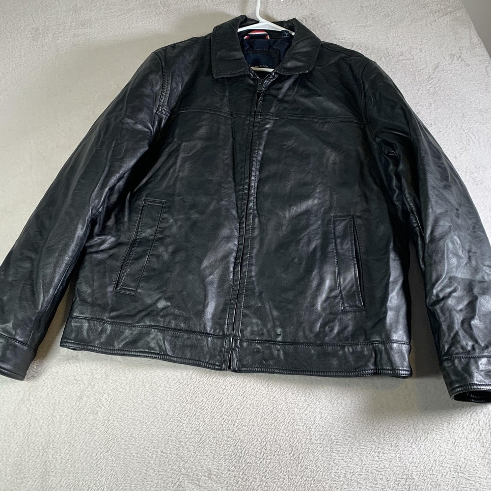 Tommy Hilfiger Jacket Mens Large Black Faux Leather Bomber Lined Insulated‎
